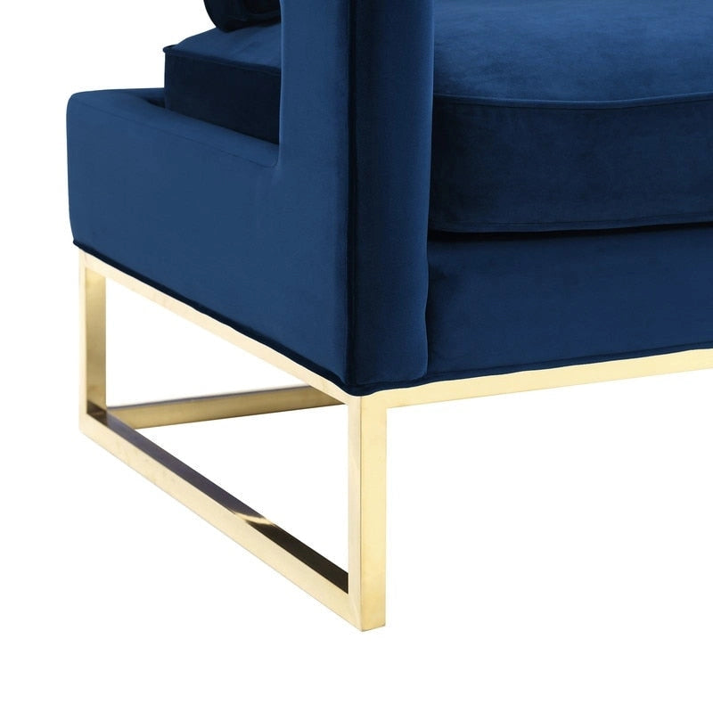 Avery Navy Velvet Accent Chair with Gold Stainless Steel Legs and Removable Cushion