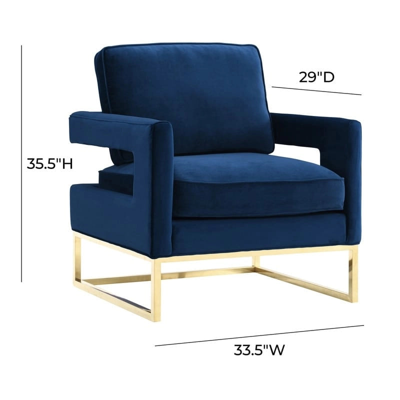 Avery Navy Velvet Accent Chair with Gold Stainless Steel Legs and Removable Cushion