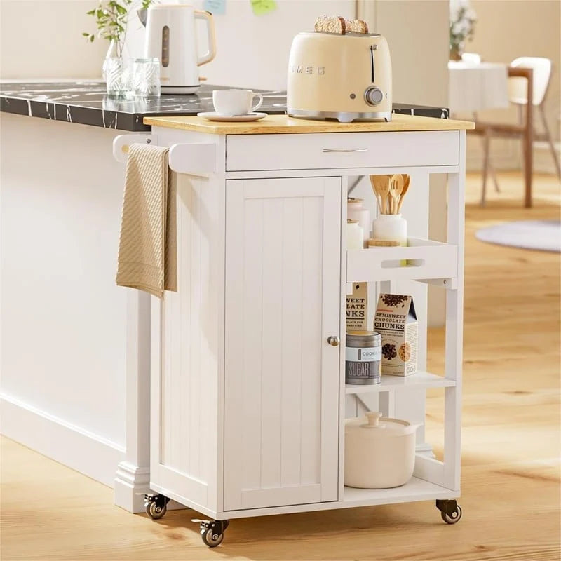 Rolling Kitchen Island Cart with 1 Drawer, 1 Cabinet and 3-Tier Open Shelves