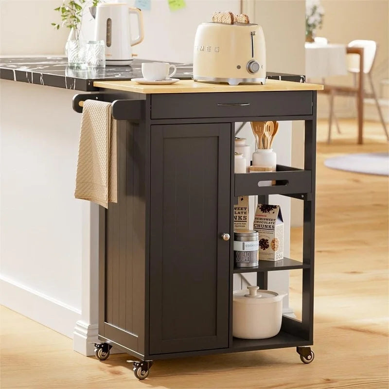 Rolling Kitchen Island Cart with 1 Drawer, 1 Cabinet and 3-Tier Open Shelves