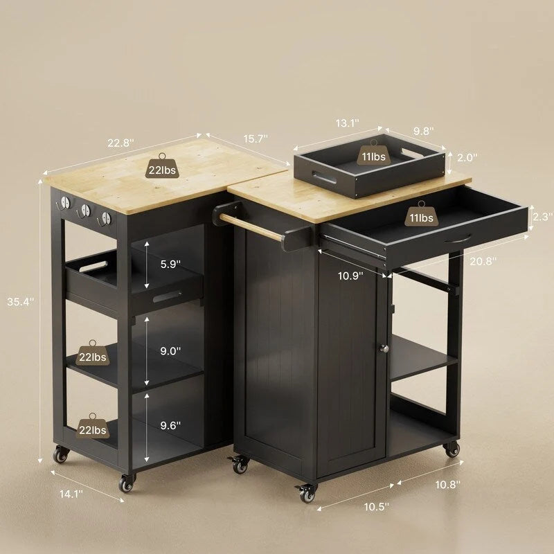 Rolling Kitchen Island Cart with 1 Drawer, 1 Cabinet and 3-Tier Open Shelves