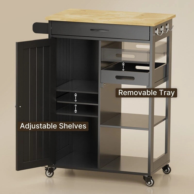 Rolling Kitchen Island Cart with 1 Drawer, 1 Cabinet and 3-Tier Open Shelves