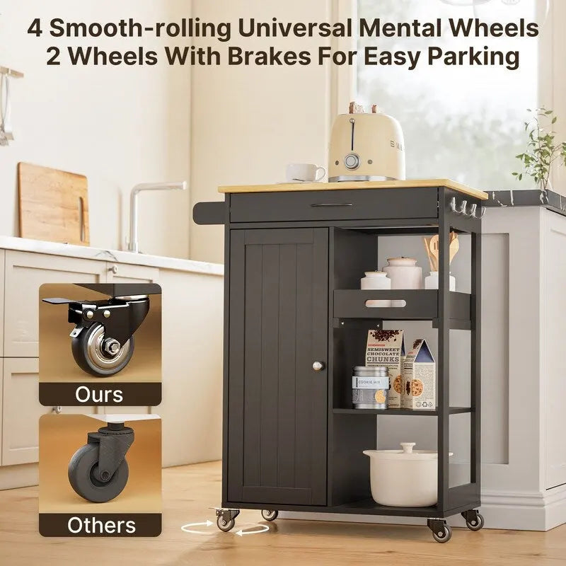 Rolling Kitchen Island Cart with 1 Drawer, 1 Cabinet and 3-Tier Open Shelves