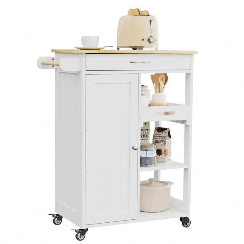 Rolling Kitchen Island Cart with 1 Drawer, 1 Cabinet and 3-Tier Open Shelves