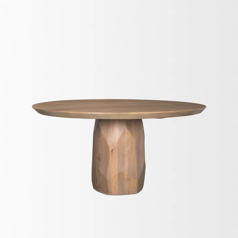 60 Inch Light Brown Solid Wood Round Dining Table with Sculpted Base