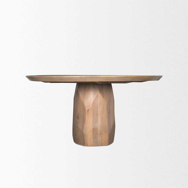 60 Inch Light Brown Solid Wood Round Dining Table with Sculpted Base