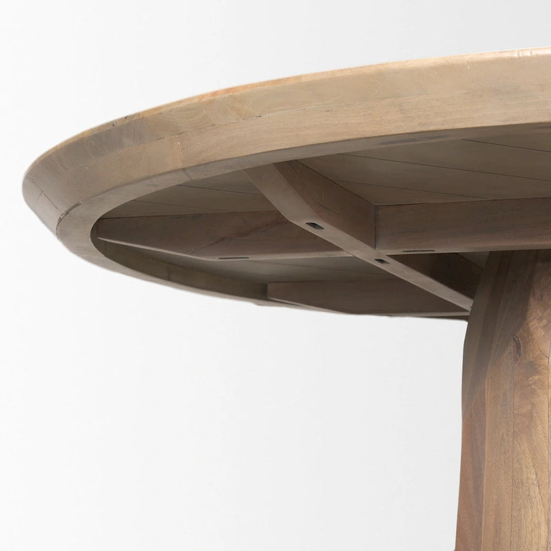 60 Inch Light Brown Solid Wood Round Dining Table with Sculpted Base