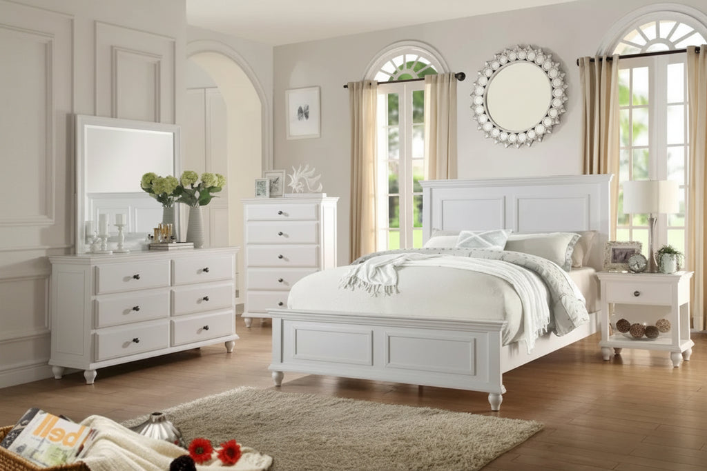 White Wooden Platform Bed Frame - Modern Mission Style with Bold Edges
