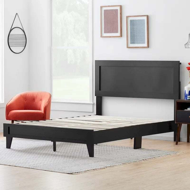 Classic Wood Platform Bed with Raised Headboard and Slat Roll - Multiple Sizes