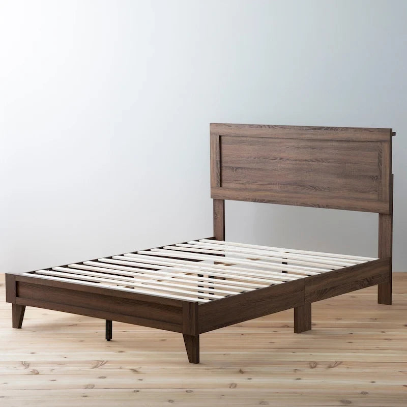 Classic Wood Platform Bed with Raised Headboard and Slat Roll - Multiple Sizes