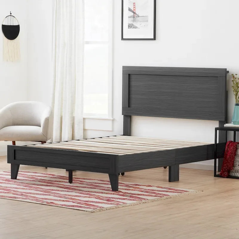 Classic Wood Platform Bed with Raised Headboard and Slat Roll - Multiple Sizes