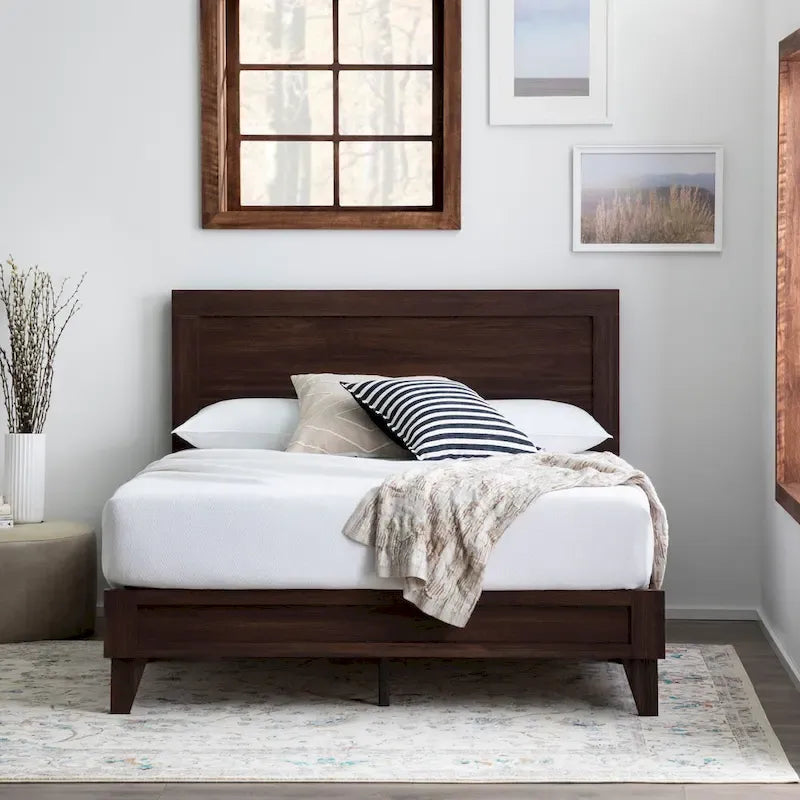 Classic Wood Platform Bed with Raised Headboard and Slat Roll - Multiple Sizes