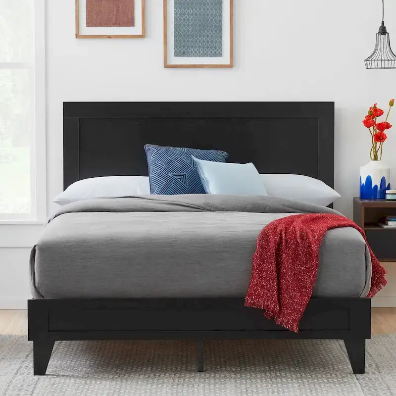 Classic Wood Platform Bed with Raised Headboard and Slat Roll - Multiple Sizes