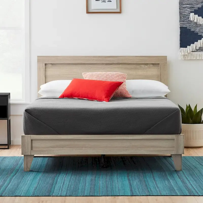 Classic Wood Platform Bed with Raised Headboard and Slat Roll - Multiple Sizes
