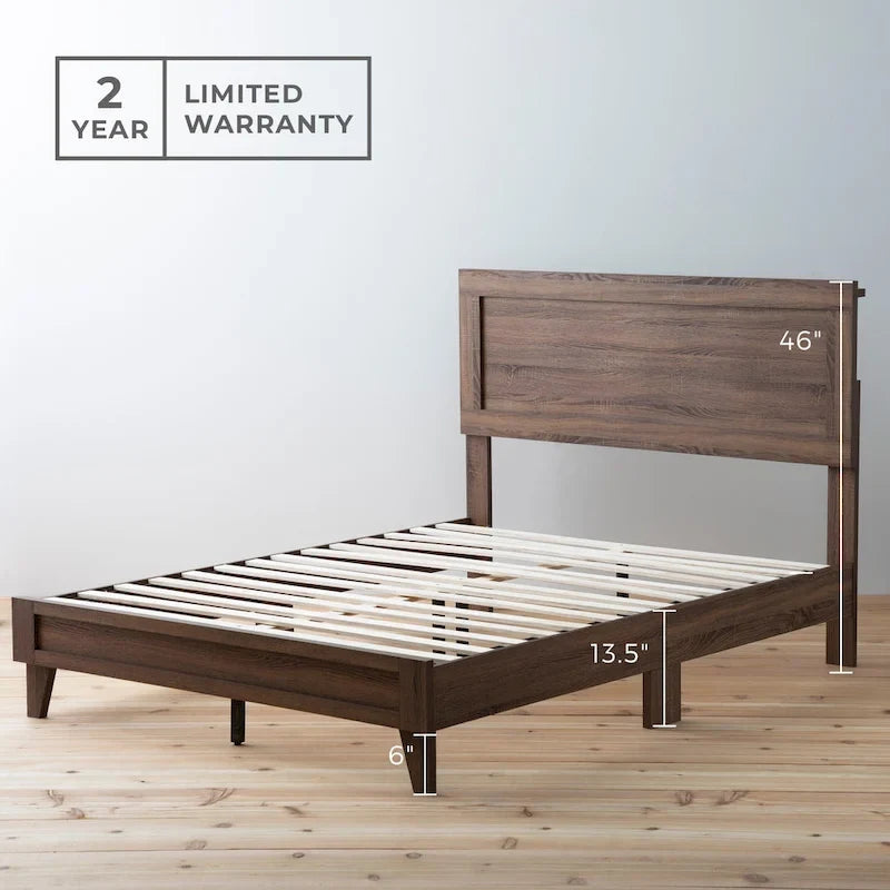 Classic Wood Platform Bed with Raised Headboard and Slat Roll - Multiple Sizes