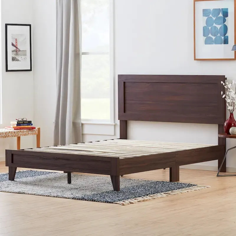 Classic Wood Platform Bed with Raised Headboard and Slat Roll - Multiple Sizes
