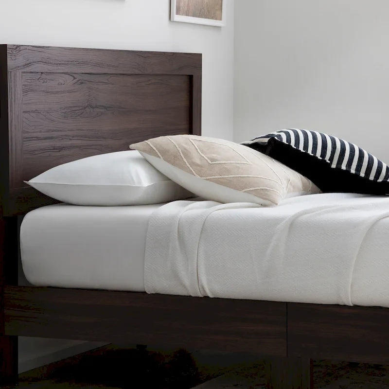 Classic Wood Platform Bed with Raised Headboard and Slat Roll - Multiple Sizes