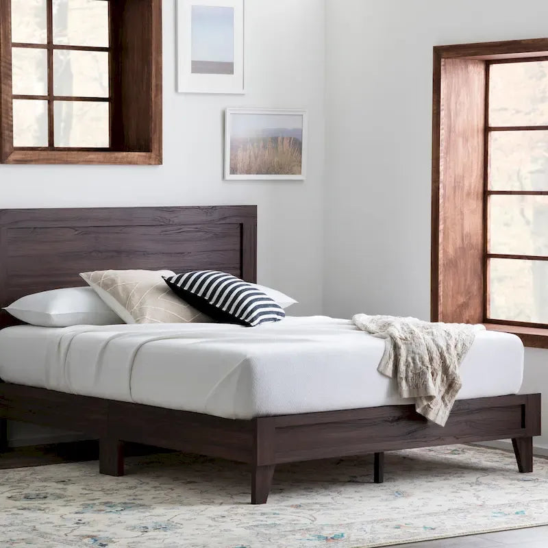 Classic Wood Platform Bed with Raised Headboard and Slat Roll - Multiple Sizes