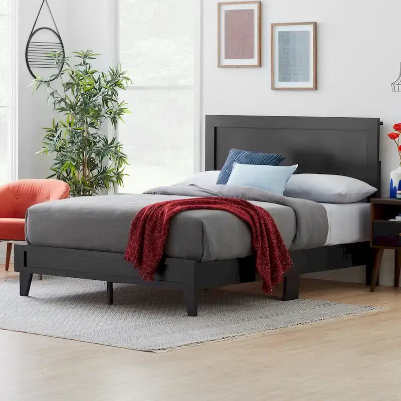 Classic Wood Platform Bed with Raised Headboard and Slat Roll - Multiple Sizes