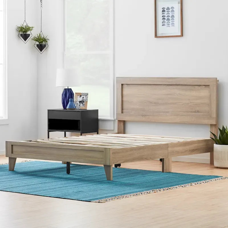 Classic Wood Platform Bed with Raised Headboard and Slat Roll - Multiple Sizes