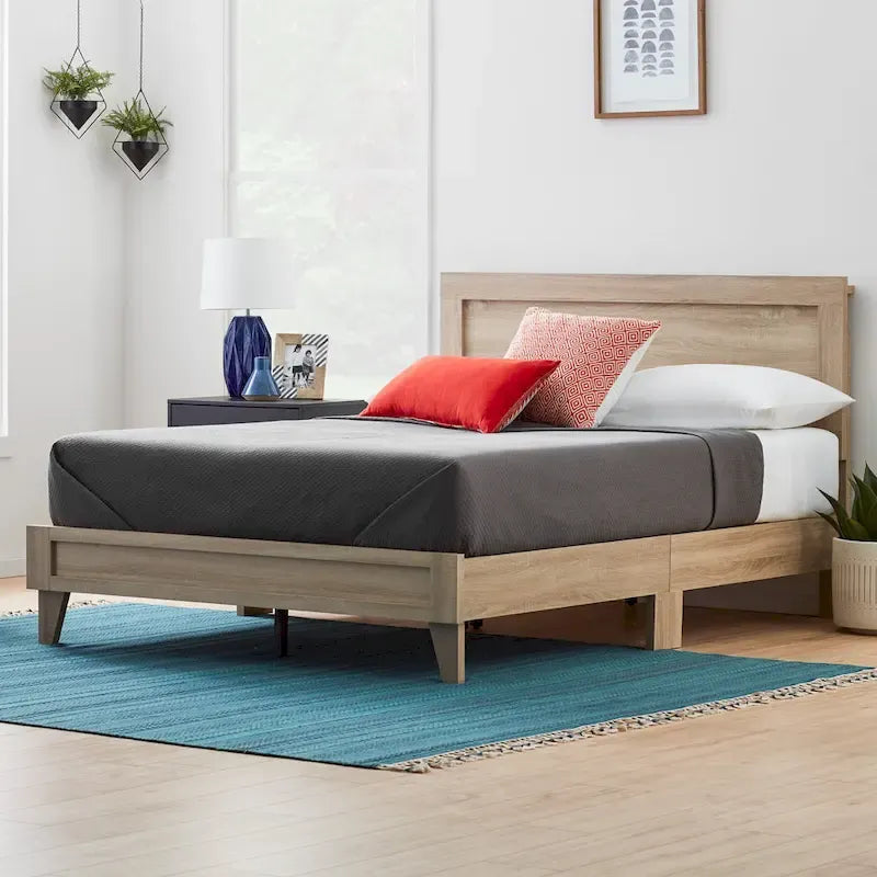 Classic Wood Platform Bed with Raised Headboard and Slat Roll - Multiple Sizes