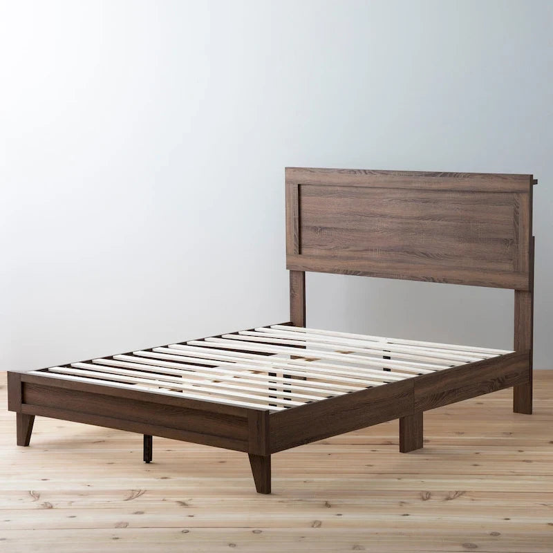 Classic Wood Platform Bed with Raised Headboard and Slat Roll - Multiple Sizes