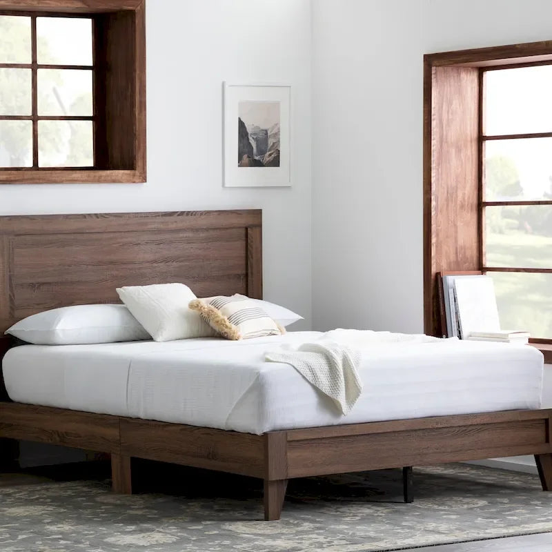 Classic Wood Platform Bed with Raised Headboard and Slat Roll - Multiple Sizes