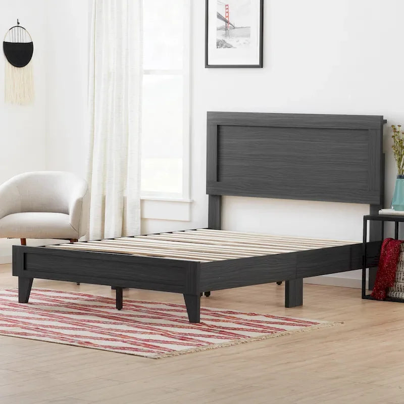 Classic Wood Platform Bed with Raised Headboard and Slat Roll - Multiple Sizes