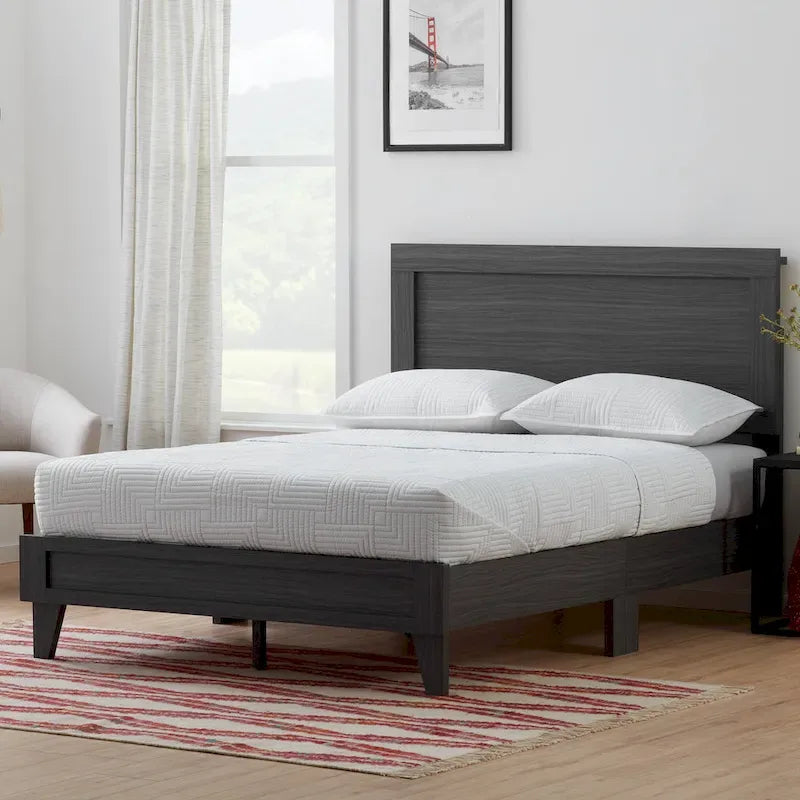 Classic Wood Platform Bed with Raised Headboard and Slat Roll - Multiple Sizes