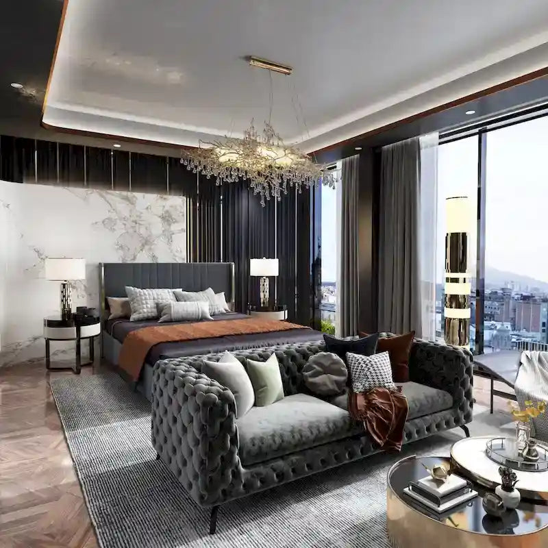 Modern Illuminated Upholstered Platform Bed with LED Light Strip and Gold Trim