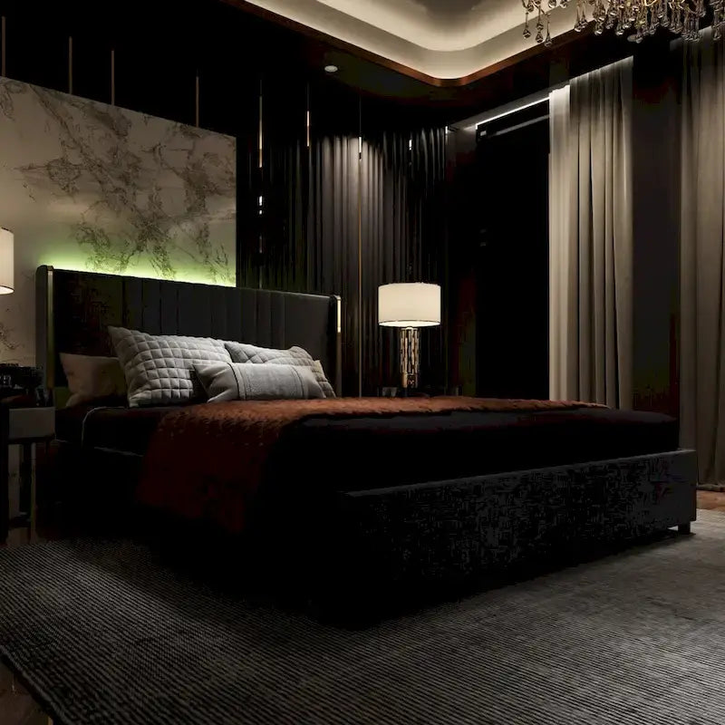 Modern Illuminated Upholstered Platform Bed with LED Light Strip and Gold Trim