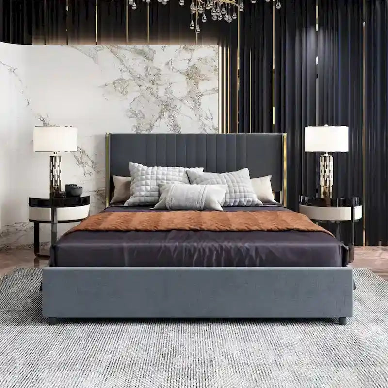Modern Illuminated Upholstered Platform Bed with LED Light Strip and Gold Trim
