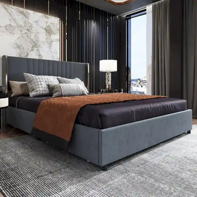 Modern Illuminated Upholstered Platform Bed with LED Light Strip and Gold Trim