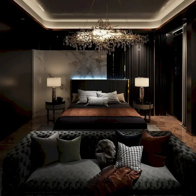 Modern Illuminated Upholstered Platform Bed with LED Light Strip and Gold Trim