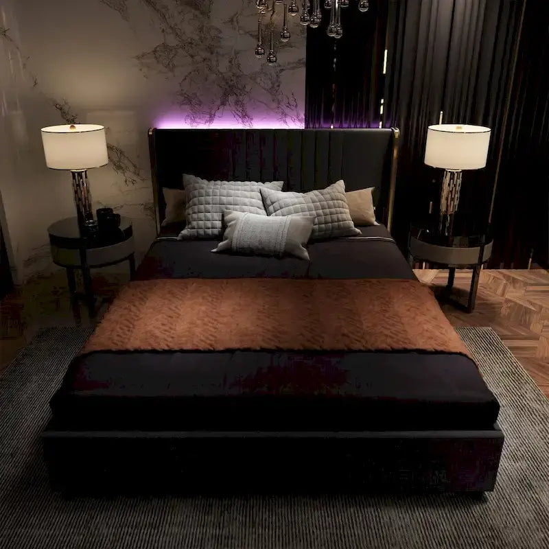 Modern Illuminated Upholstered Platform Bed with LED Light Strip and Gold Trim