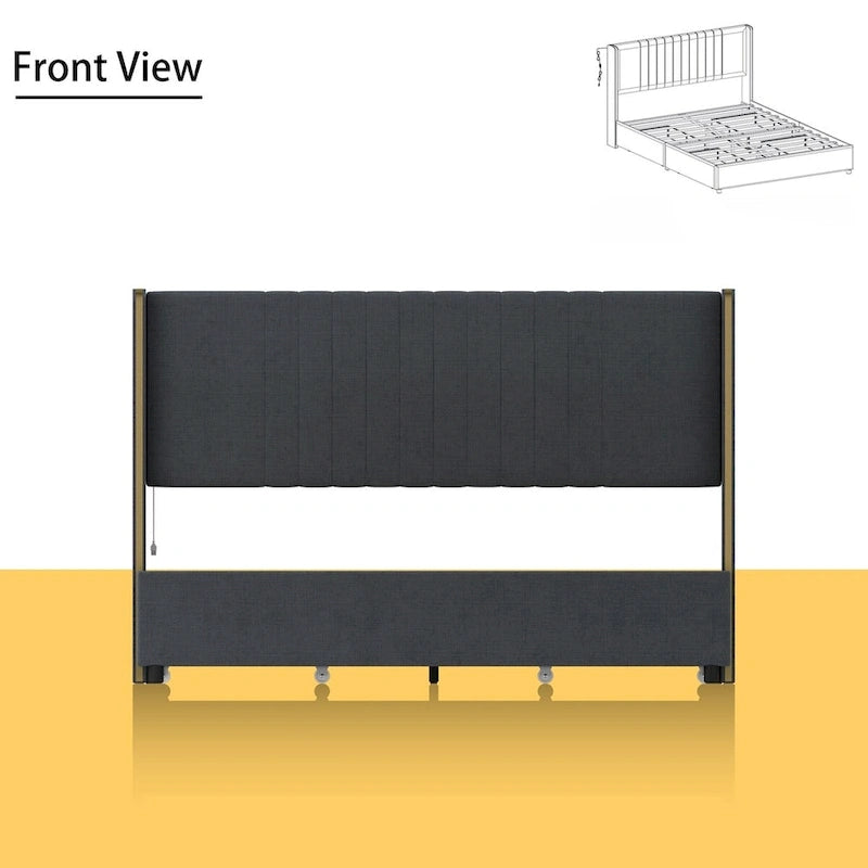 Modern Illuminated Upholstered Platform Bed with LED Light Strip and Gold Trim