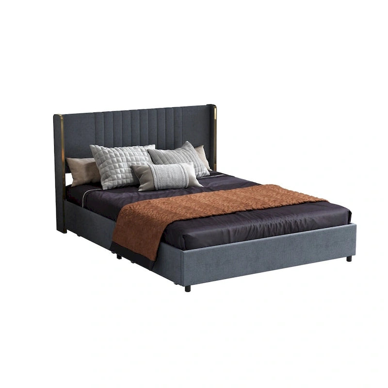 Modern Illuminated Upholstered Platform Bed with LED Light Strip and Gold Trim