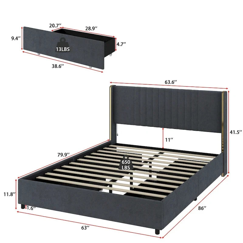 Modern Illuminated Upholstered Platform Bed with LED Light Strip and Gold Trim