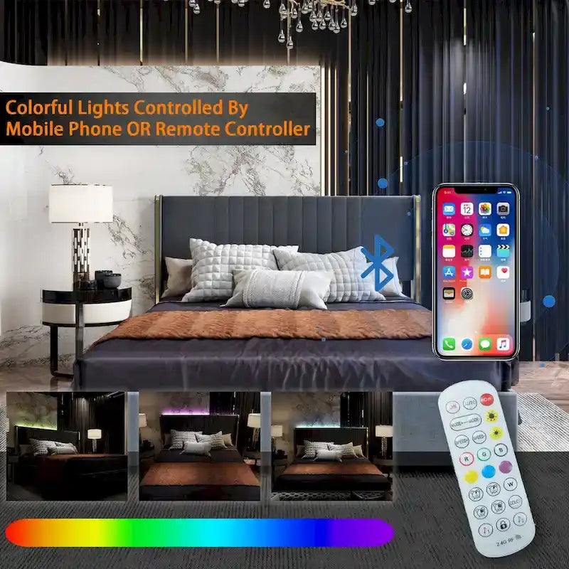 Modern Illuminated Upholstered Platform Bed with LED Light Strip and Gold Trim