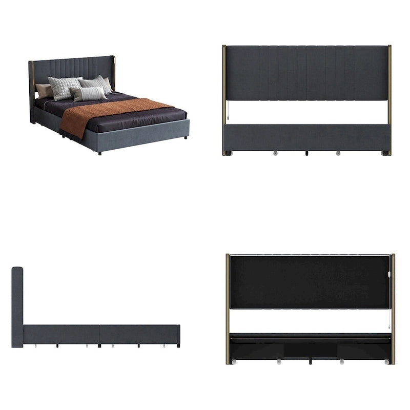 Modern Illuminated Upholstered Platform Bed with LED Light Strip and Gold Trim
