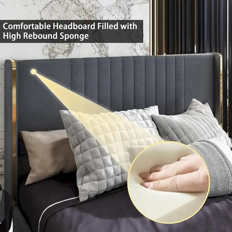 Modern Illuminated Upholstered Platform Bed with LED Light Strip and Gold Trim