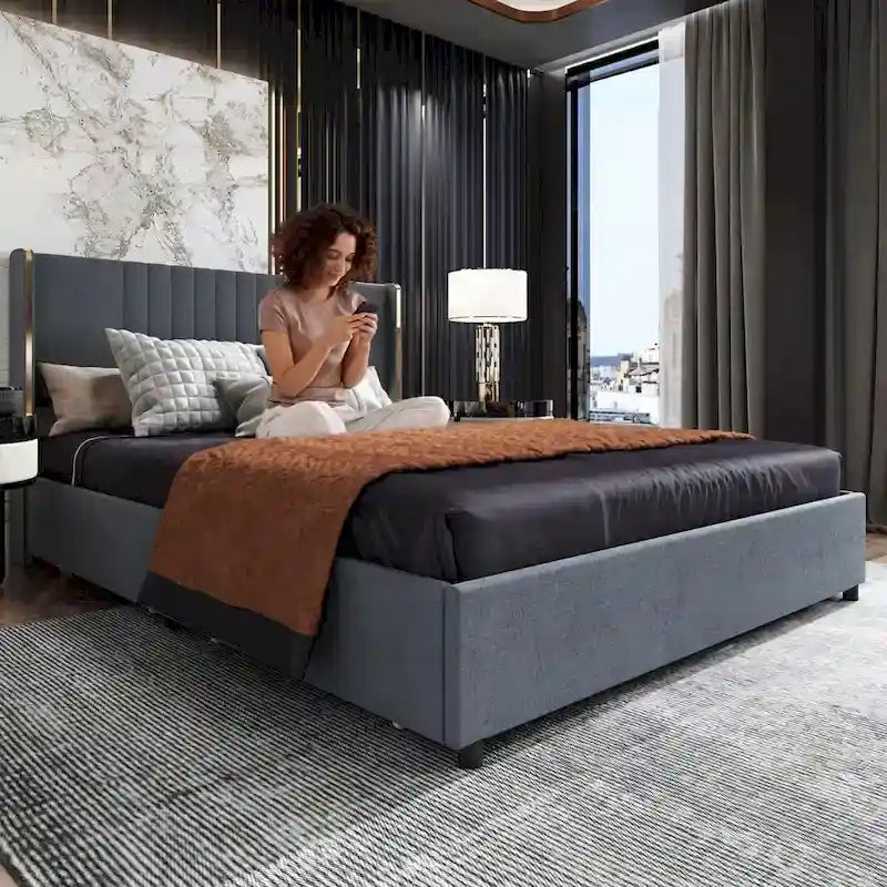 Modern Illuminated Upholstered Platform Bed with LED Light Strip and Gold Trim