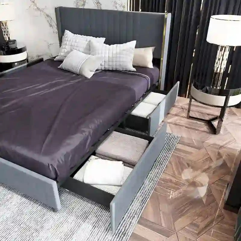 Modern Illuminated Upholstered Platform Bed with LED Light Strip and Gold Trim