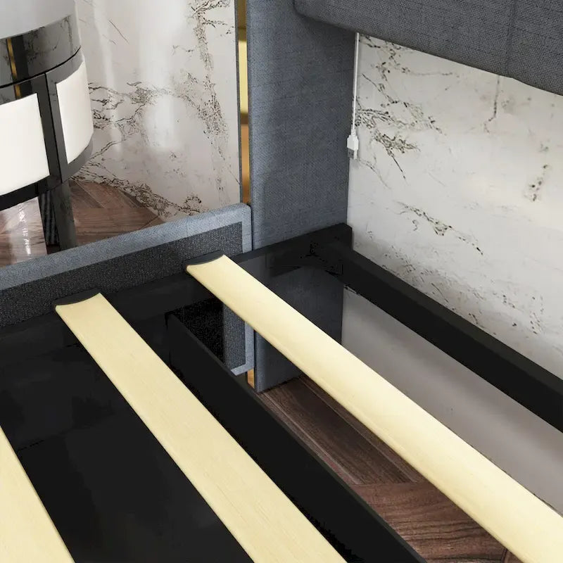 Modern Illuminated Upholstered Platform Bed with LED Light Strip and Gold Trim