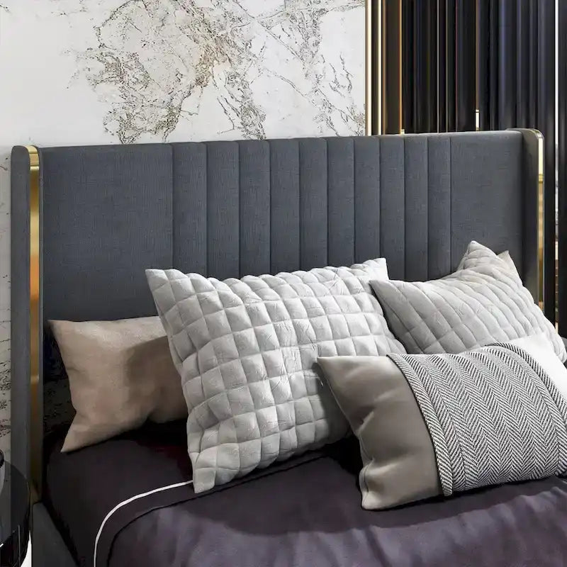 Modern Illuminated Upholstered Platform Bed with LED Light Strip and Gold Trim