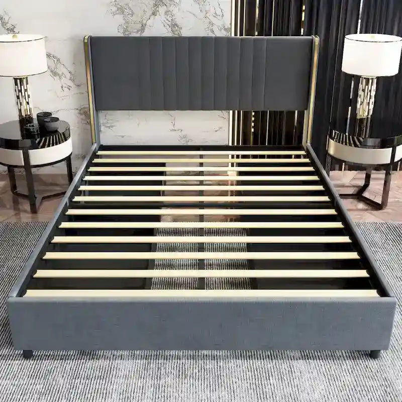 Modern Illuminated Upholstered Platform Bed with LED Light Strip and Gold Trim