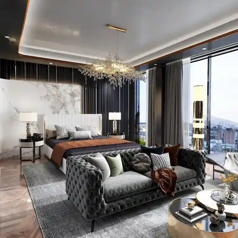 Modern Illuminated Upholstered Platform Bed with LED Light Strip and Gold Trim