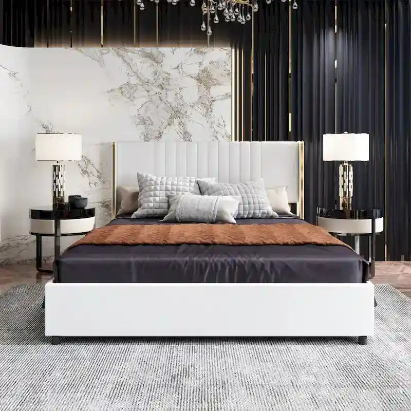 Modern Illuminated Upholstered Platform Bed with LED Light Strip and Gold Trim