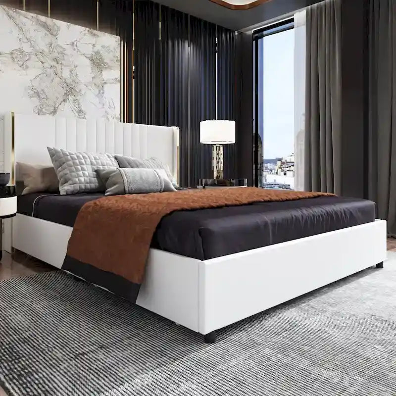 Modern Illuminated Upholstered Platform Bed with LED Light Strip and Gold Trim