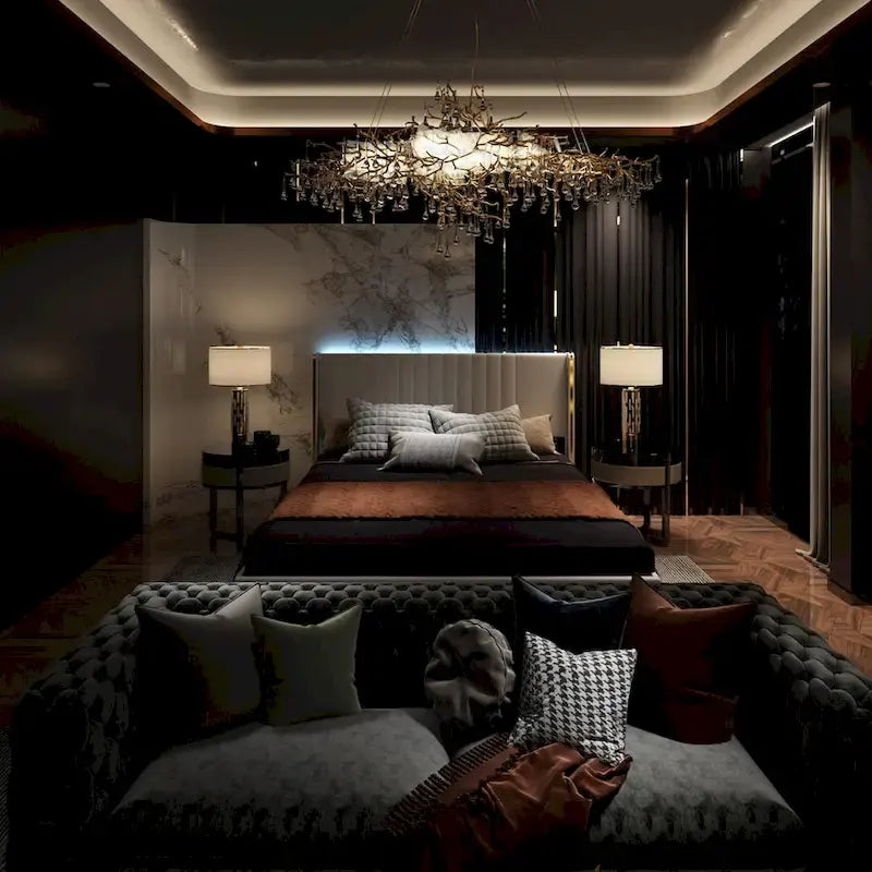 Modern Illuminated Upholstered Platform Bed with LED Light Strip and Gold Trim